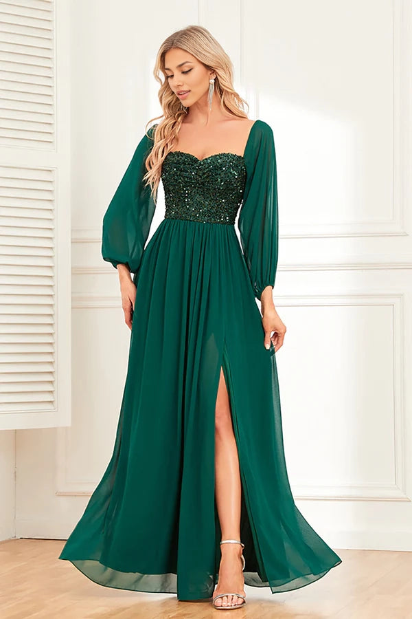 Sparkly Sweetheart Long Sleeves Pine Formal Dress with Sequins simple gentle atmospheric and unique desi