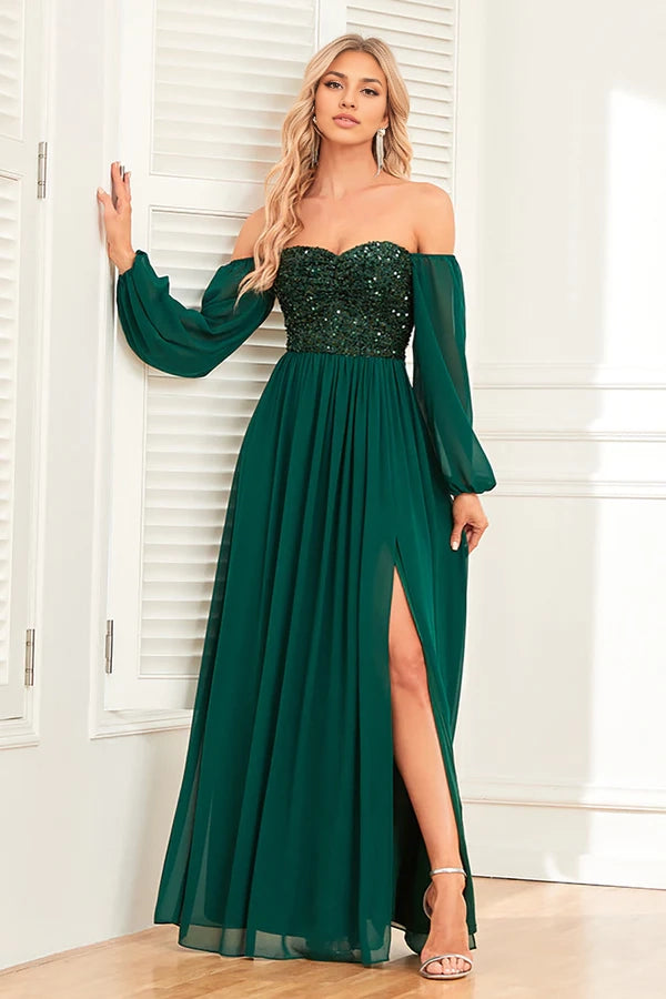 Sparkly Sweetheart Long Sleeves Pine Formal Dress with Sequins simple gentle atmospheric and unique desi