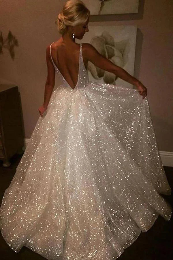 Sparkly Tulle V Neck Long Prom Dress Backless Wedding Dress simple gentle atmospheric and unique desi Bring summer colors to enhance whiteness