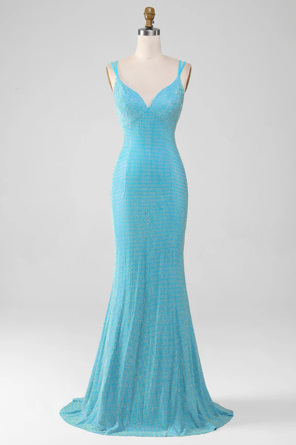 Sparkly Turquoise Mermaid Spaghetti Straps Long Prom Dress With Beading simple gentle atmospheric and unique desi