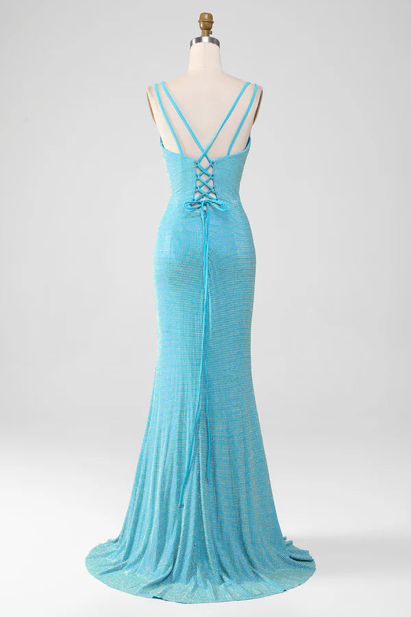 Sparkly Turquoise Mermaid Spaghetti Straps Long Prom Dress With Beading simple gentle atmospheric and unique desi