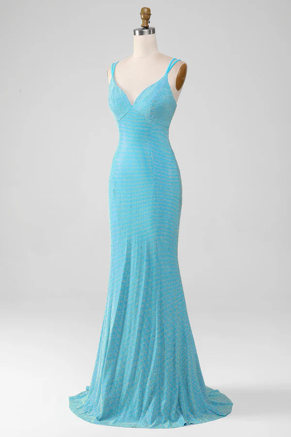 Sparkly Turquoise Mermaid Spaghetti Straps Long Prom Dress With Beading simple gentle atmospheric and unique desi