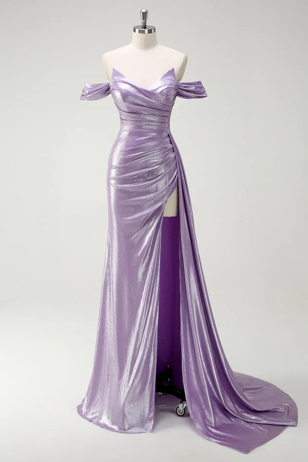 Sparkly Off The Shoulder Lilac Ruched Side Cape Prom Dress with Slit simple gentle atmospheric and unique desi Bring summer colors to enhance whiteness