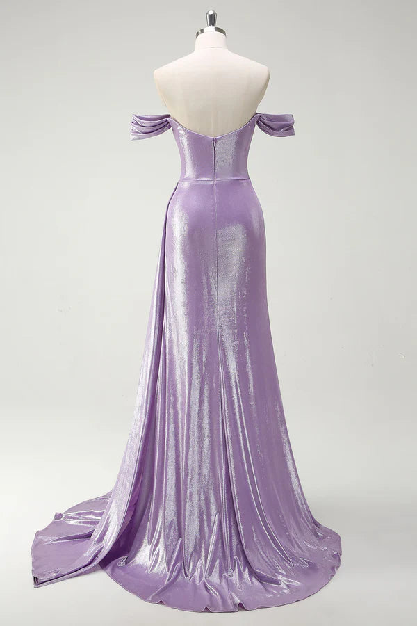 Sparkly Off The Shoulder Lilac Ruched Side Cape Prom Dress with Slit simple gentle atmospheric and unique desi Bring summer colors to enhance whiteness
