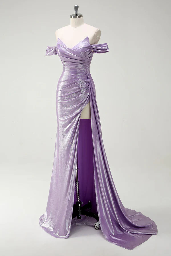 Sparkly Off The Shoulder Lilac Ruched Side Cape Prom Dress with Slit simple gentle atmospheric and unique desi Bring summer colors to enhance whiteness