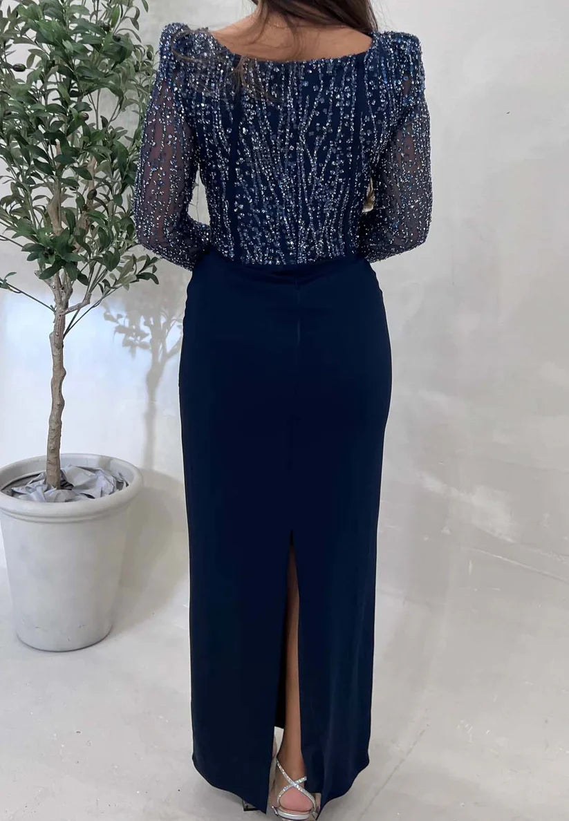 Square Long Sleeves Beaded Emboridery Pleated Sheath Formal Dress simple gentle atmospheric and unique desi Bring summer colors to enhance whiteness