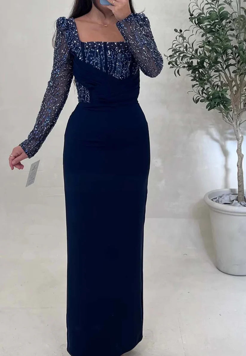 Square Long Sleeves Beaded Emboridery Pleated Sheath Formal Dress simple gentle atmospheric and unique desi Bring summer colors to enhance whiteness