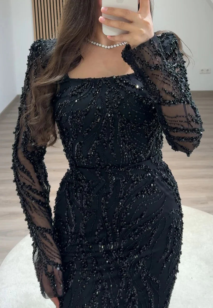 Square Long Sleeves Beaded Emboridery Sheath Evening Dress simple gentle atmospheric and unique desi Bring summer colors to enhance whiteness本）