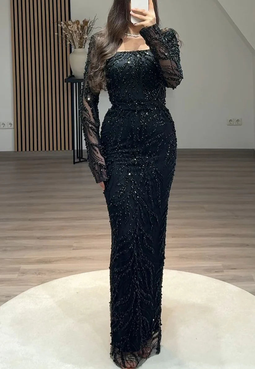 Square Long Sleeves Beaded Emboridery Sheath Evening Dress simple gentle atmospheric and unique desi Bring summer colors to enhance whiteness本）