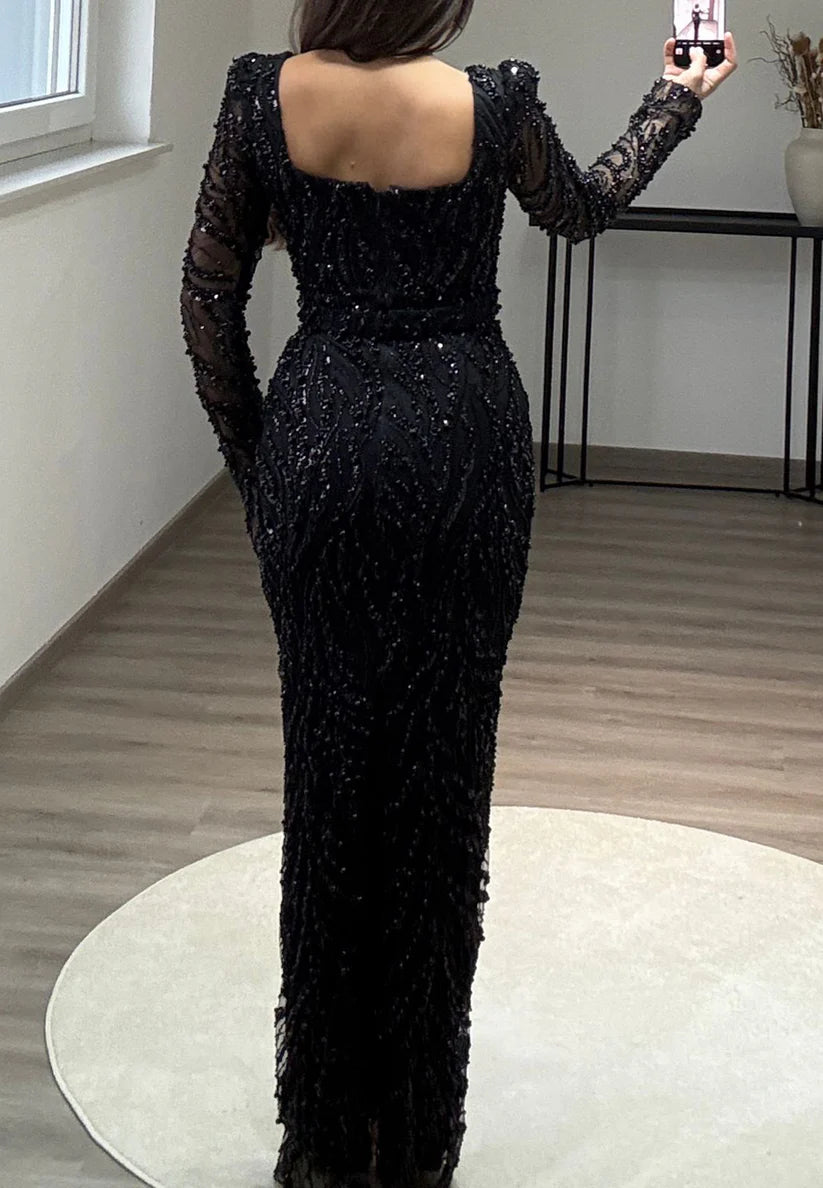 Square Long Sleeves Beaded Emboridery Sheath Evening Dress simple gentle atmospheric and unique desi Bring summer colors to enhance whiteness本）