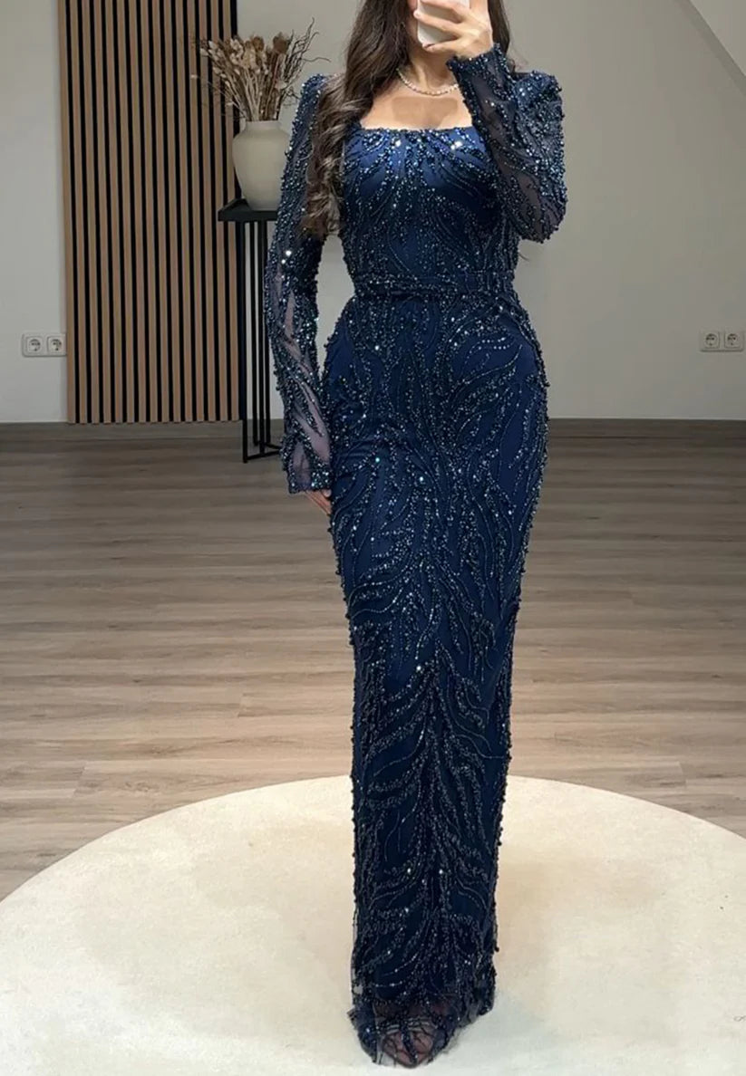 Square Long Sleeves Beaded Emboridery Sheath Evening Dress simple gentle atmospheric and unique desi Bring summer colors to enhance whiteness