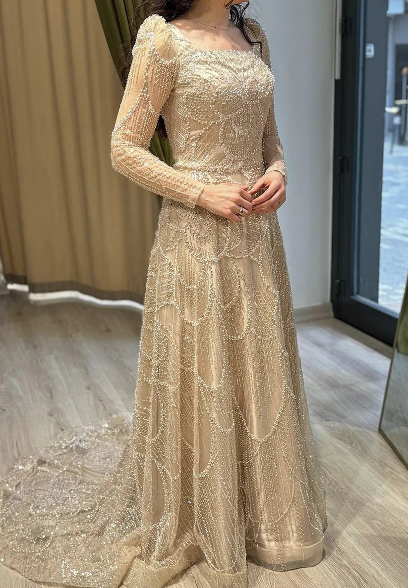 Square Long Sleeves Beaded Embroidery A-Line Sparkly Evening Dress simple gentle atmospheric and unique desi Bring summer colors to enhance whiteness