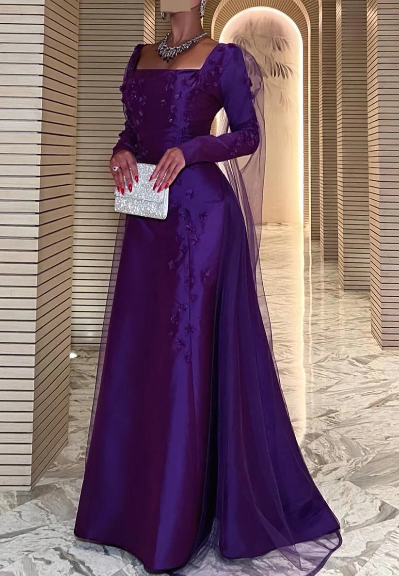 Square Long Sleeves Floral Sleek Mermaid Evening Dress simple gentle atmospheric and unique desi Bring summer colors to enhance whiteness