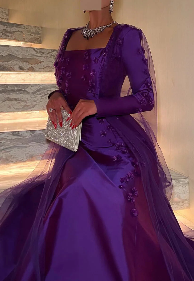 Square Long Sleeves Floral Sleek Mermaid Evening Dress simple gentle atmospheric and unique desi Bring summer colors to enhance whiteness