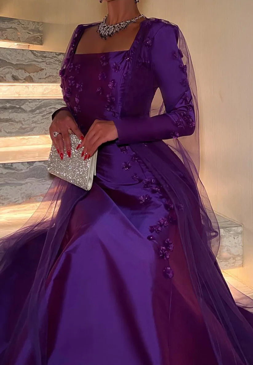 Square Long Sleeves Floral Sleek Mermaid Evening Dress simple gentle atmospheric and unique desi Bring summer colors to enhance whiteness