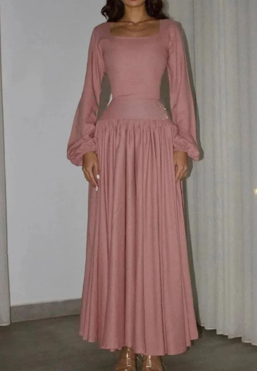 Square Long Sleeves Pleated A-Line Party Dress simple gentle atmospheric and unique desi Bring summer colors to enhance whiteness