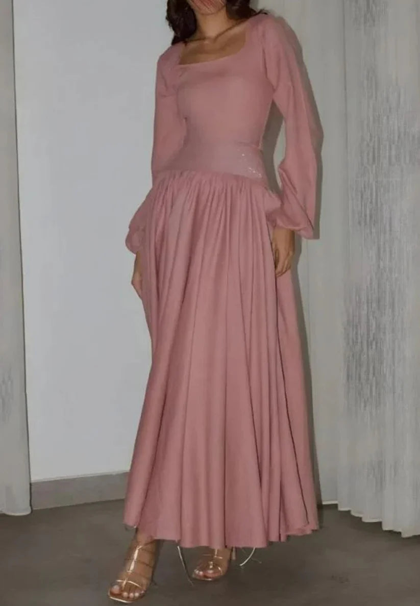 Square Long Sleeves Pleated A-Line Party Dress simple gentle atmospheric and unique desi Bring summer colors to enhance whiteness