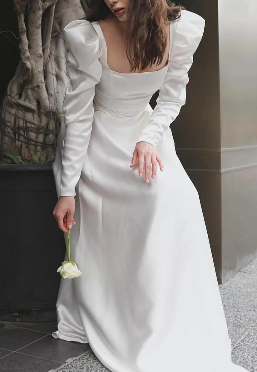 Square Long Sleeves Sleek A-Line Formal Dress simple gentle atmospheric and unique desi Bring summer colors to enhance whiteness