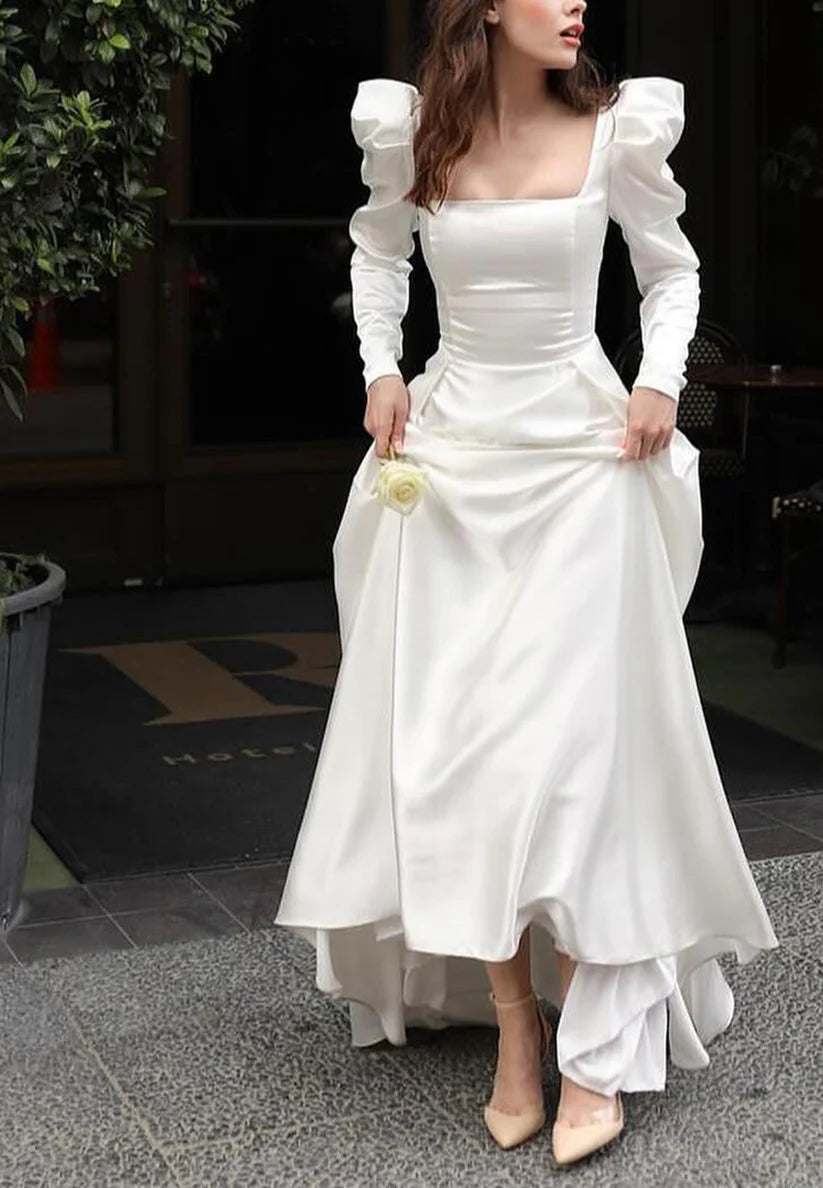 Square Long Sleeves Sleek A-Line Formal Dress simple gentle atmospheric and unique desi Bring summer colors to enhance whiteness