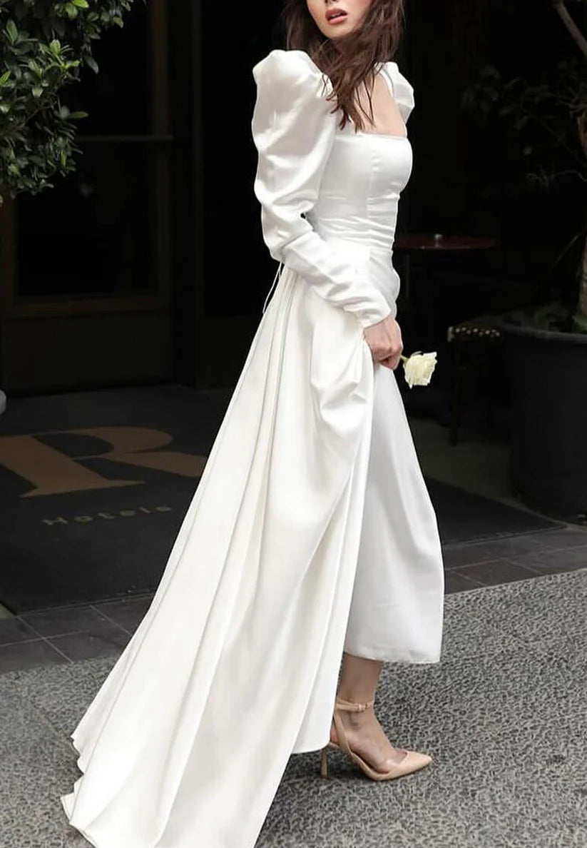 Square Long Sleeves Sleek A-Line Formal Dress simple gentle atmospheric and unique desi Bring summer colors to enhance whiteness