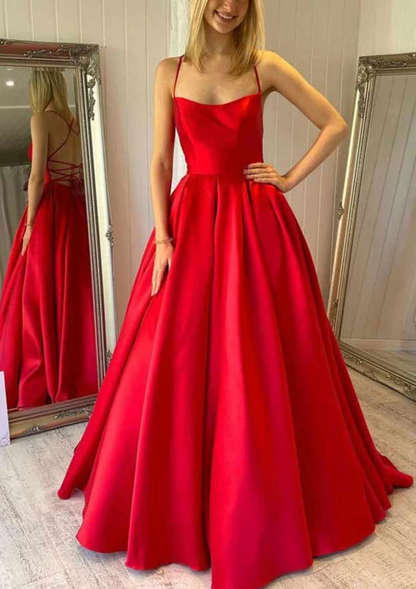 Square Neckline Ball Gown Satin Prom Dress/Evening Dress With Pleated Pockets and Sweep Train Simple gentle atmospheric and unique design