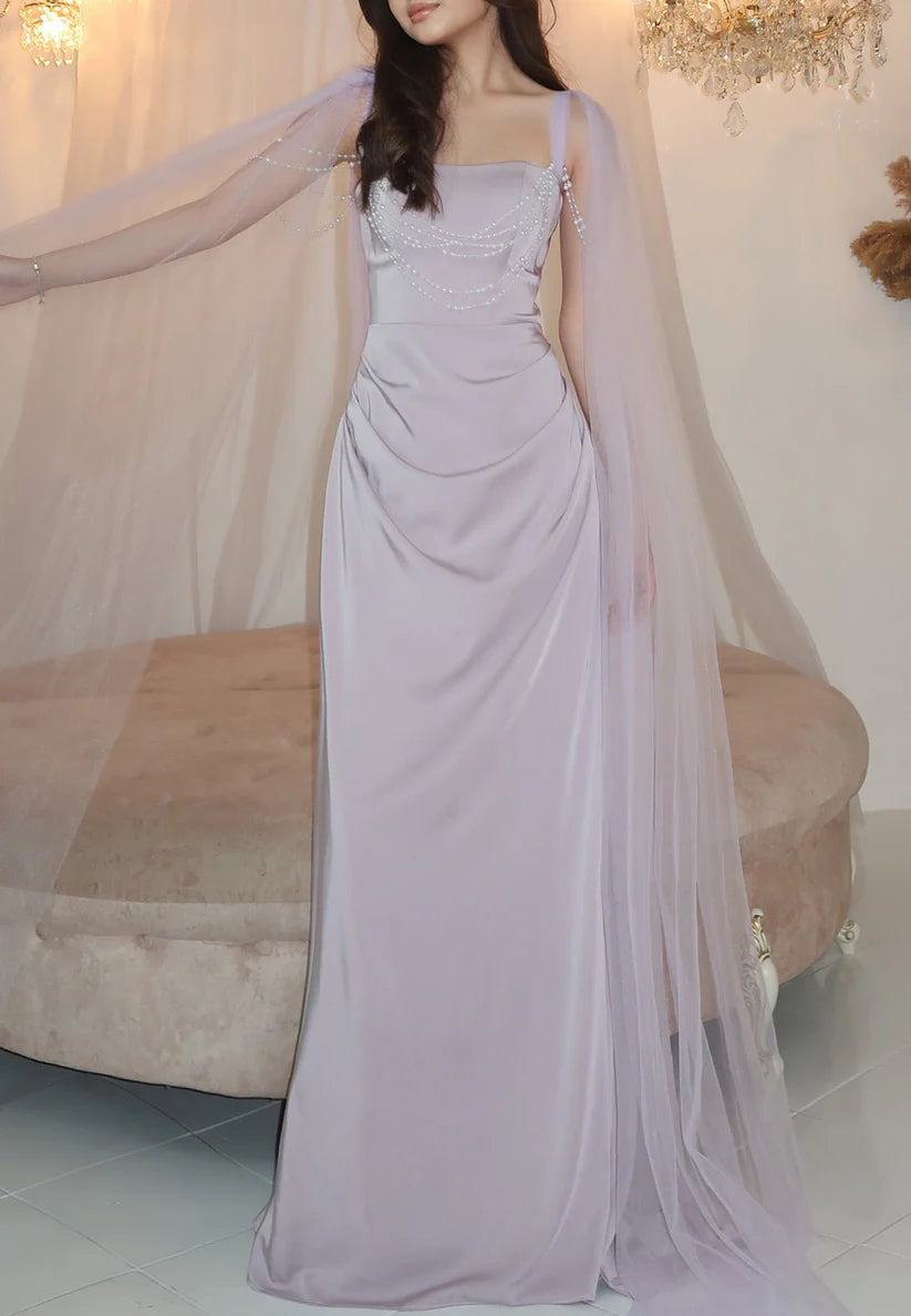 Square Sleeveless Pleated Sleek Pearl Sheath Evening Dress simple gentle atmospheric and unique desi Bring summer colors to enhance whiteness