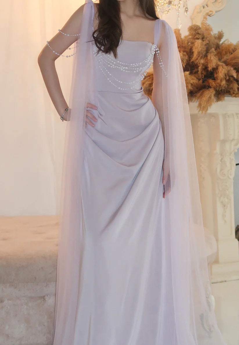 Square Sleeveless Pleated Sleek Pearl Sheath Evening Dress simple gentle atmospheric and unique desi Bring summer colors to enhance whiteness