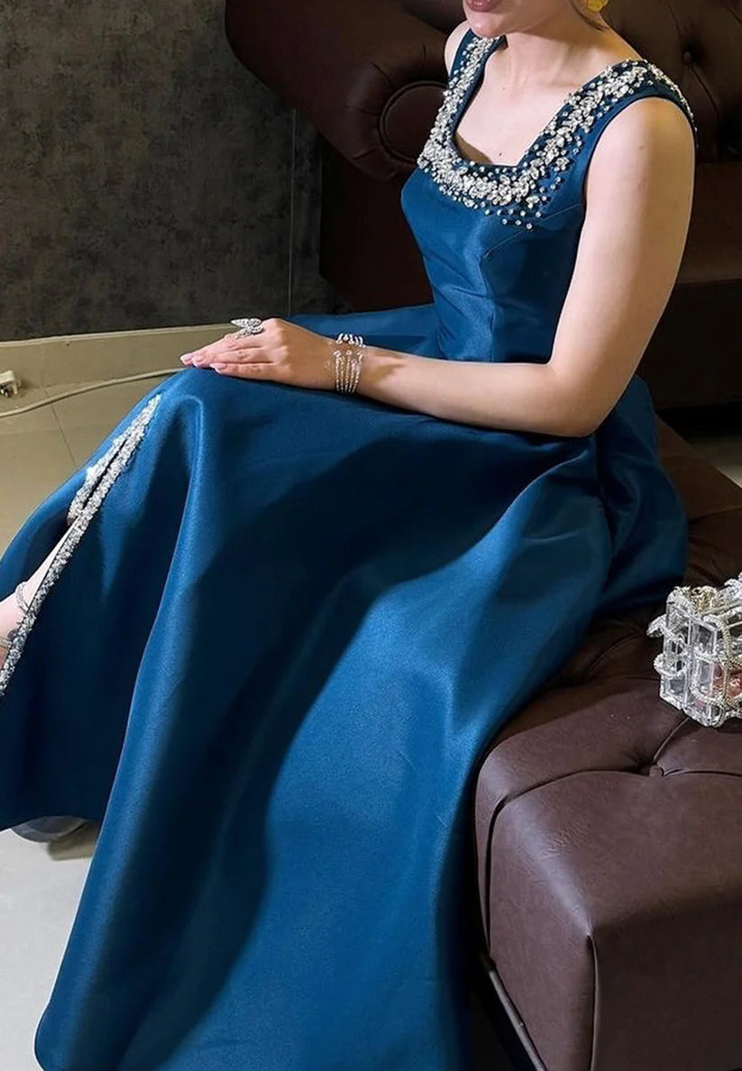 Square Straps Beaded Pleated Satin A-Line Formal Dresss simple gentle atmospheric and unique desi Bring summer colors to enhance whiteness