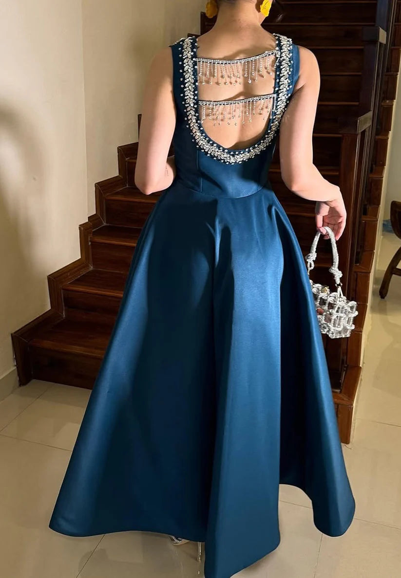 Square Straps Beaded Pleated Satin A-Line Formal Dresss simple gentle atmospheric and unique desi Bring summer colors to enhance whiteness