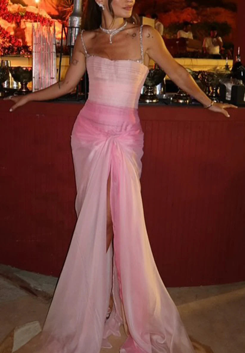 Square Straps Pleated Beading Mermaid Prom Dress simple gentle atmospheric and unique desi Bring summer colors to enhance whiteness