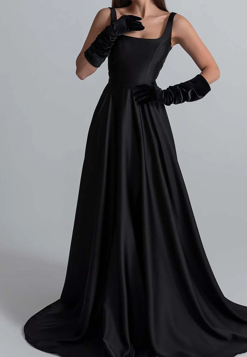 Square Straps Pleated Satin Prom Dress A-Line Formal Dress simple gentle atmospheric and unique desi Bring summer colors to enhance whiteness