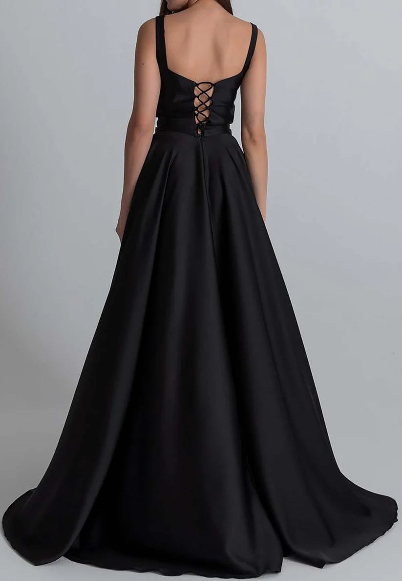 Square Straps Pleated Satin Prom Dress A-Line Formal Dress simple gentle atmospheric and unique desi Bring summer colors to enhance whiteness