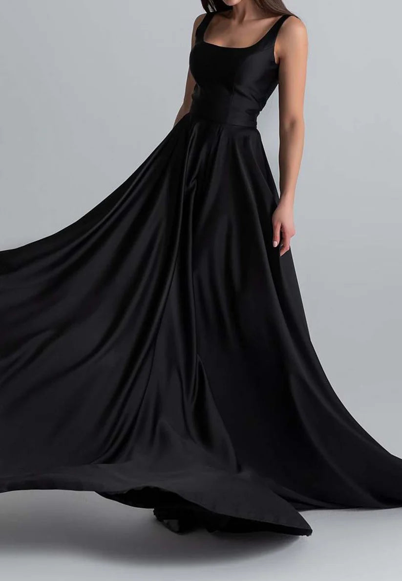 Square Straps Pleated Satin Prom Dress A-Line Formal Dress simple gentle atmospheric and unique desi Bring summer colors to enhance whiteness