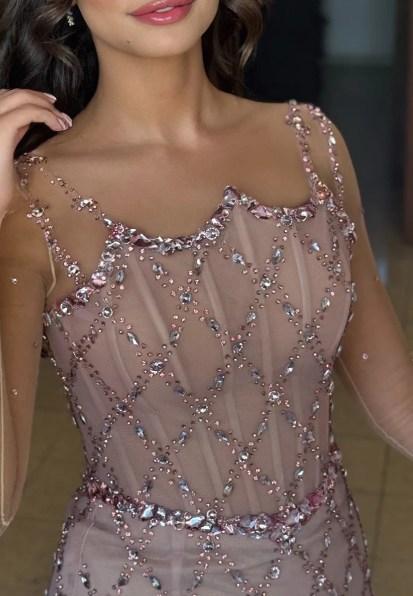 Square Straps Sleeveless Beaded Side Slit Mermaid Prom Dress simple gentle atmospheric and unique desi Bring summer colors to enhance whiteness