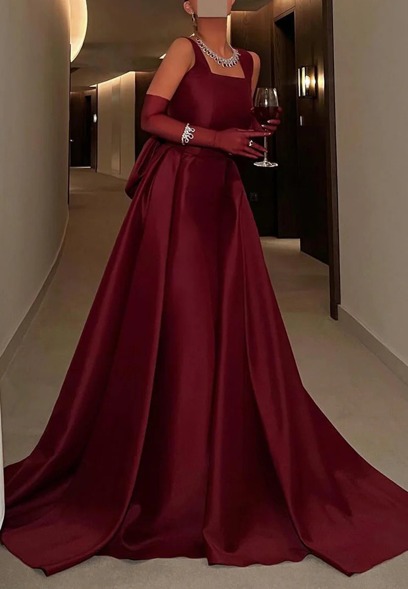 Square Straps Sleeveless Bowknot Satin Seek A-Line Evening Dress simple gentle atmospheric and unique desi Bring summer colors to enhance whiteness