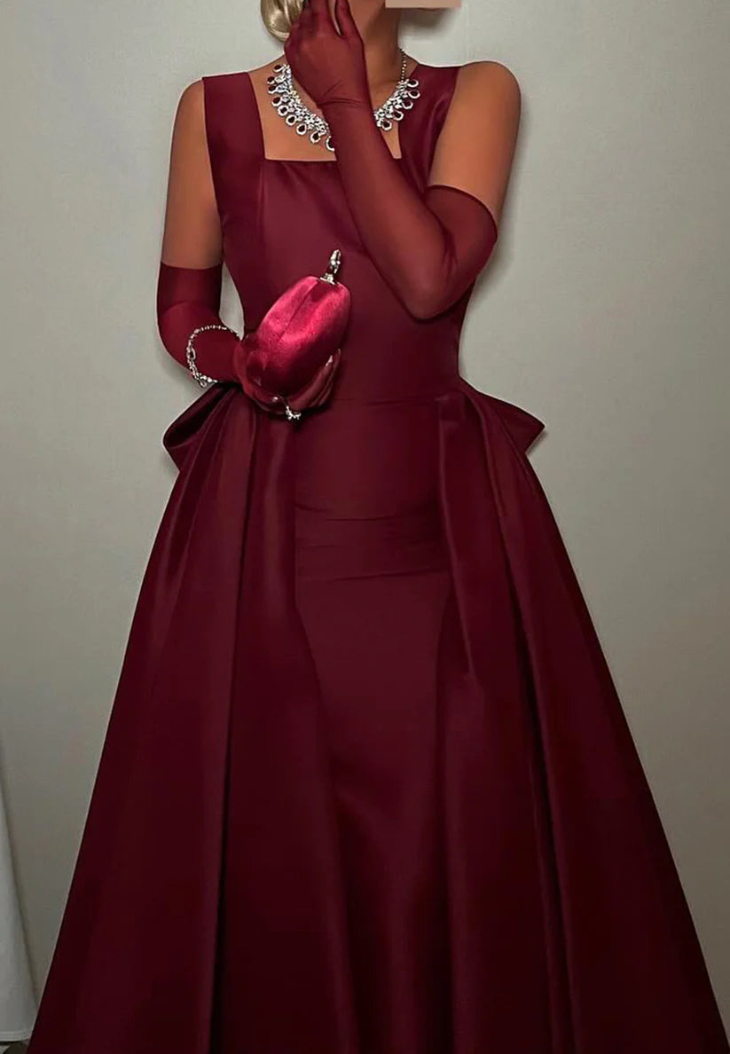 Square Straps Sleeveless Bowknot Satin Seek A-Line Evening Dress simple gentle atmospheric and unique desi Bring summer colors to enhance whiteness