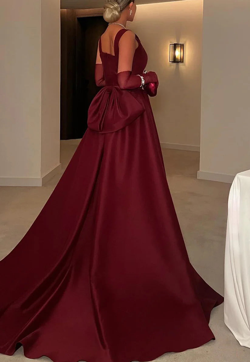 Square Straps Sleeveless Bowknot Satin Seek A-Line Evening Dress simple gentle atmospheric and unique desi Bring summer colors to enhance whiteness