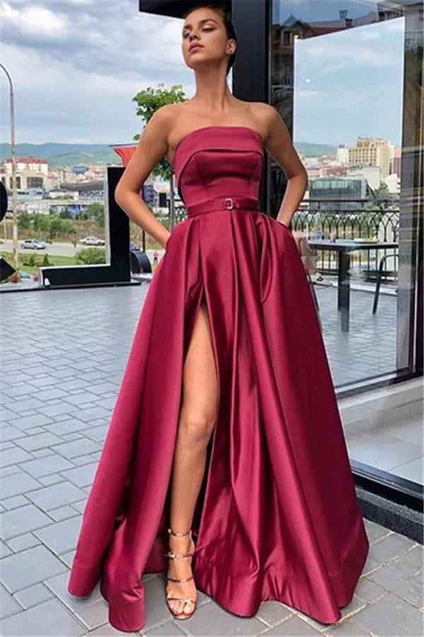 Srapless Split Long Prom Dress With Pockets Simple gentle atmospheric and unique design