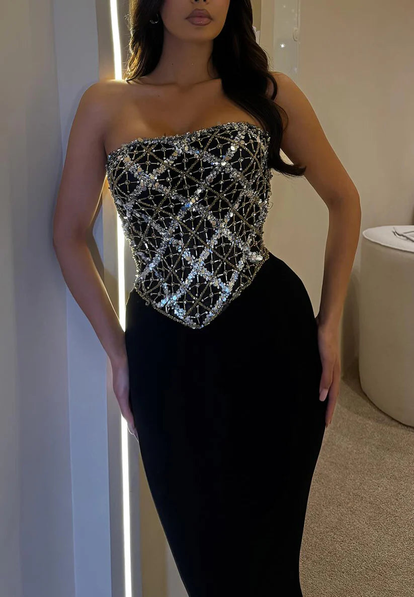 Straight Across Sleeveless Beaded Sparkly Mermaid Evening Dress simple gentle atmospheric and unique desi Bring summer colors to enhance whiteness