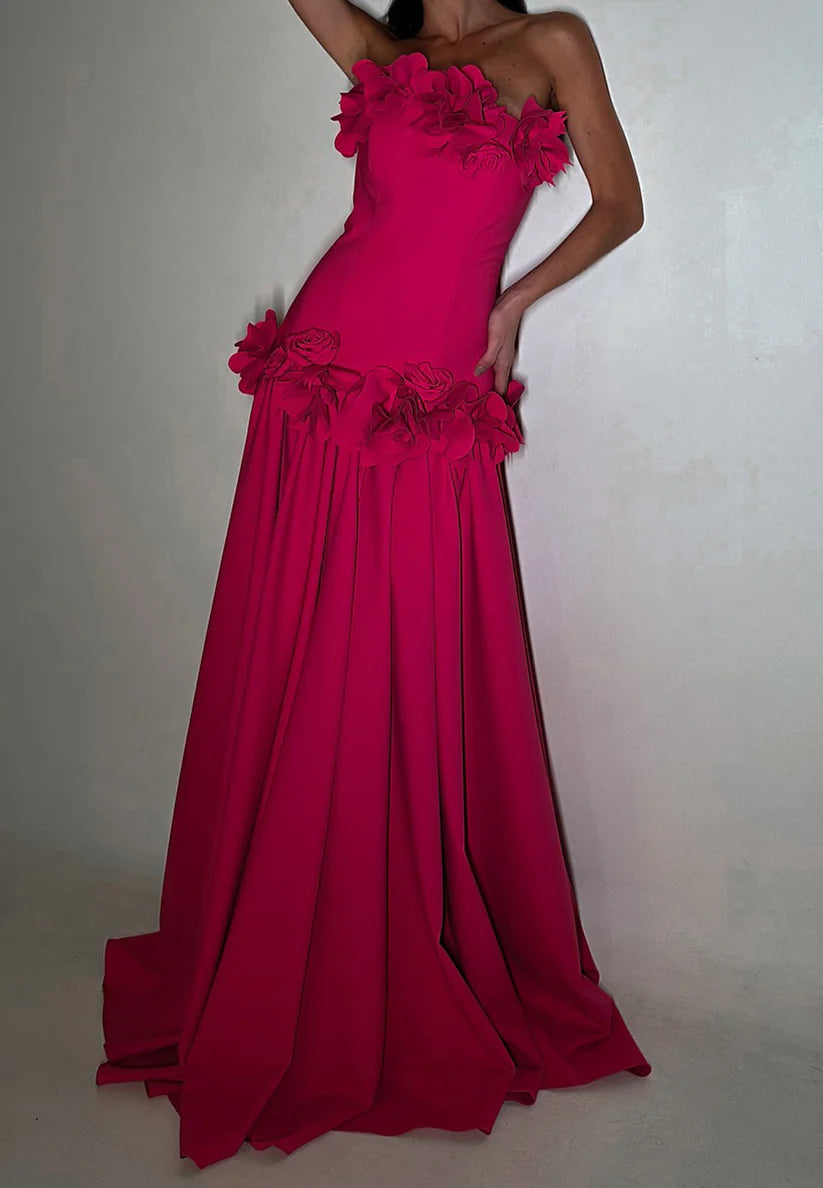 Straight Across Sleeveless Pleated Floral A-Line Evening Dress simple gentle atmospheric and unique desi Bring summer colors to enhance whiteness