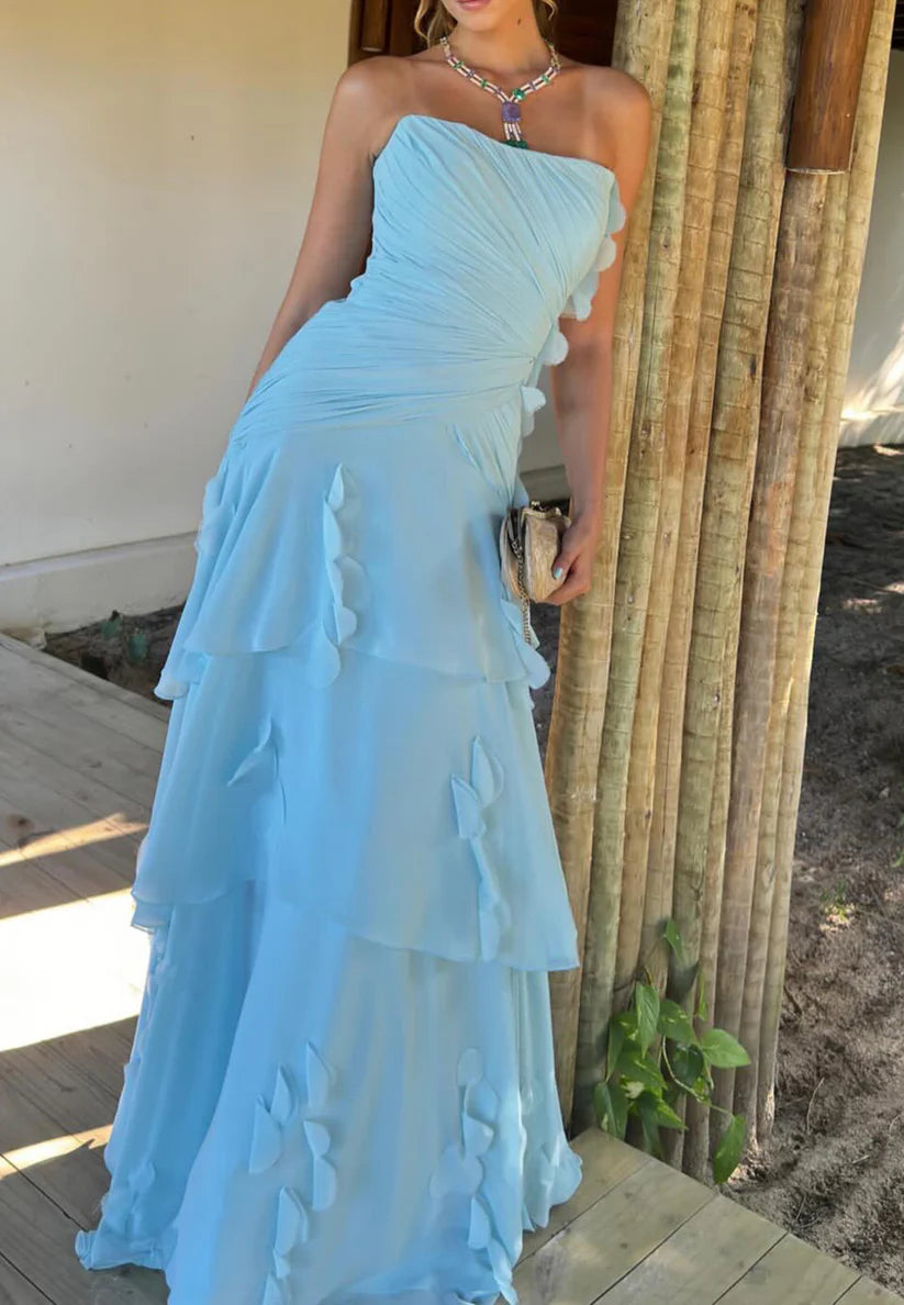 Straight Across Sleeveless Pleated Tiered A-Line Wedding Guest Dress simple gentle atmospheric and unique desi Bring summer colors to enhance whiteness