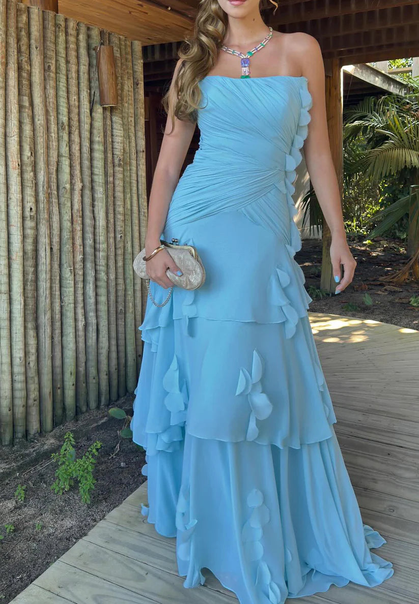 Straight Across Sleeveless Pleated Tiered A-Line Wedding Guest Dress simple gentle atmospheric and unique desi Bring summer colors to enhance whiteness