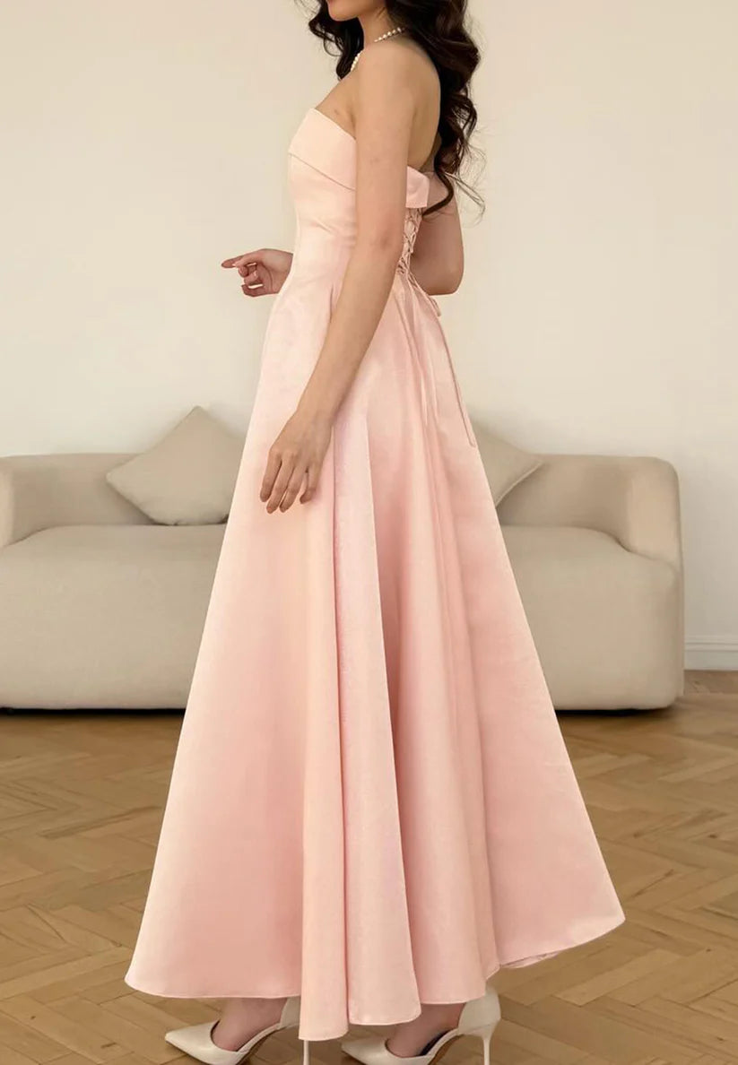 Straight Across Sleeveless Sleek Pleated A-Line Pink Prom Dress simple gentle atmospheric and unique desi Bring summer colors to enhance whiteness