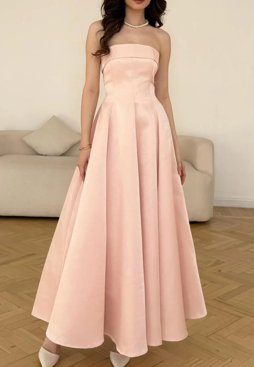 Straight Across Sleeveless Sleek Pleated A-Line Pink Prom Dress simple gentle atmospheric and unique desi Bring summer colors to enhance whiteness