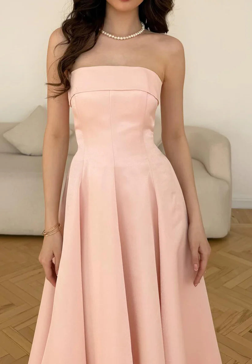 Straight Across Sleeveless Sleek Pleated A-Line Pink Prom Dress simple gentle atmospheric and unique desi Bring summer colors to enhance whiteness