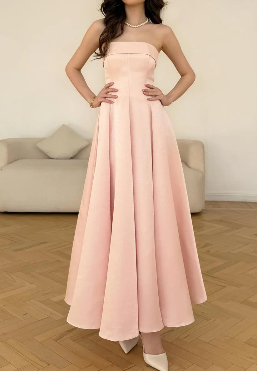Straight Across Sleeveless Sleek Pleated A-Line Pink Prom Dress simple gentle atmospheric and unique desi Bring summer colors to enhance whiteness