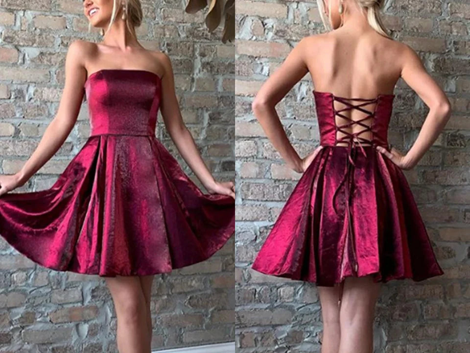 Strapless Burgundy Satin Short Homecoming Dresses Party Dresses simple gentle atmospheric and unique desi Bring summer colors to enhance whitenes