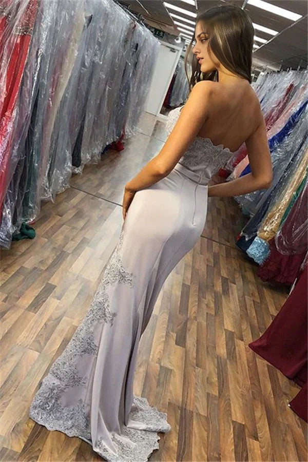 Strapless Mermaid Prom Dress Lace Appliques With Slit Simple gentle atmospheric and unique design