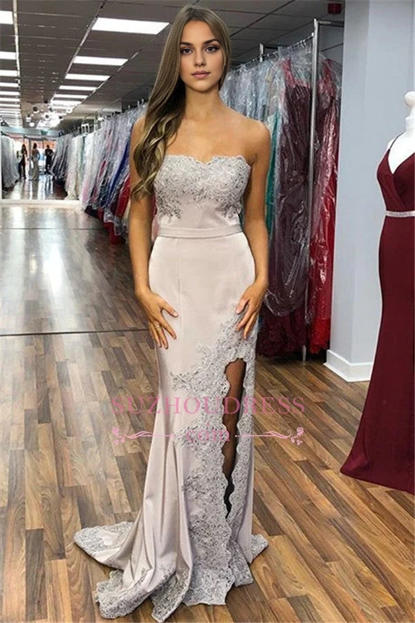Strapless Mermaid Prom Dress Lace Appliques With Slit Simple gentle atmospheric and unique design