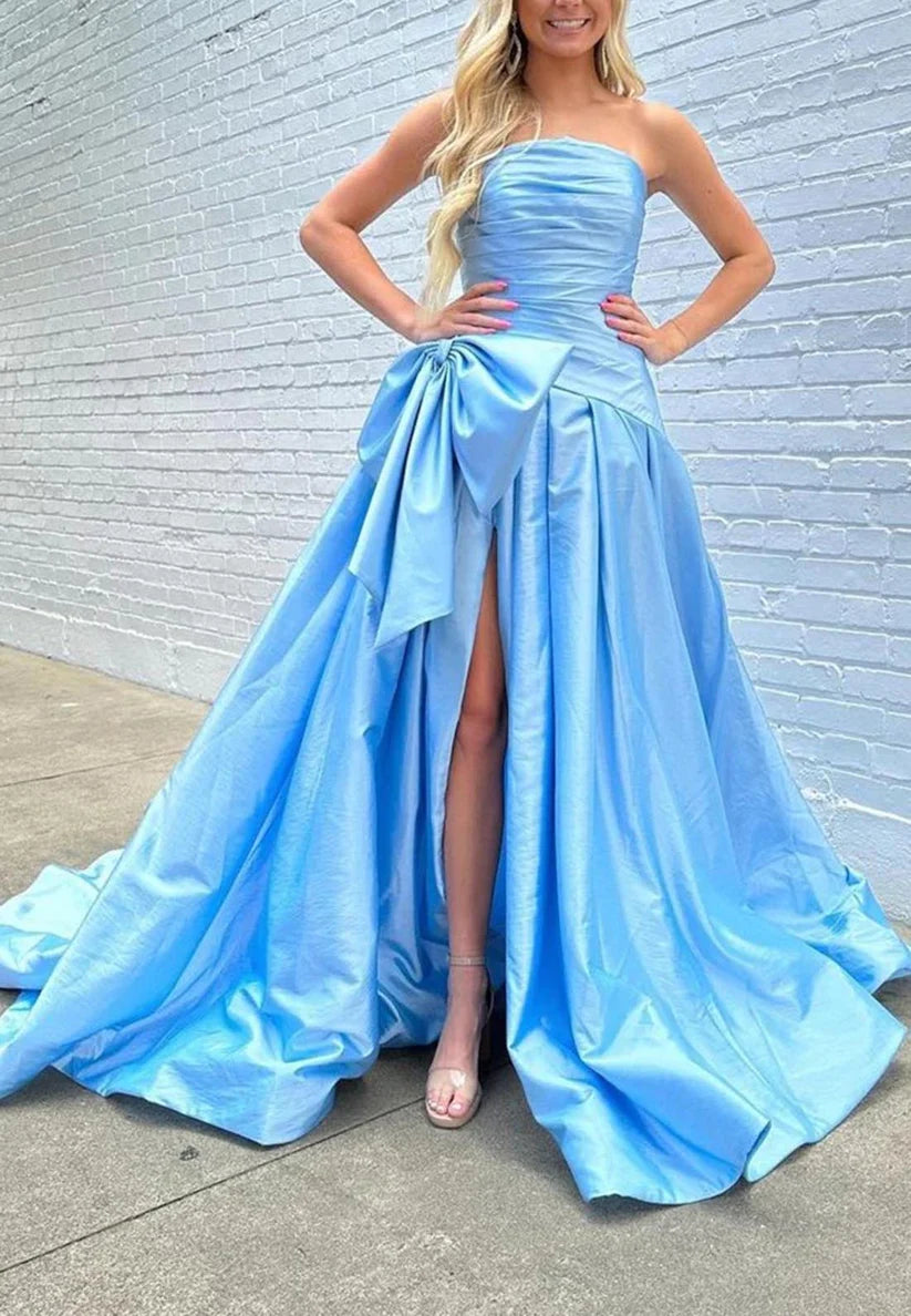 Strapless Pleats Cute Bow Long Prom Dress with Slit simple gentle atmospheric and unique desi Bring summer colors to enhance whiteness